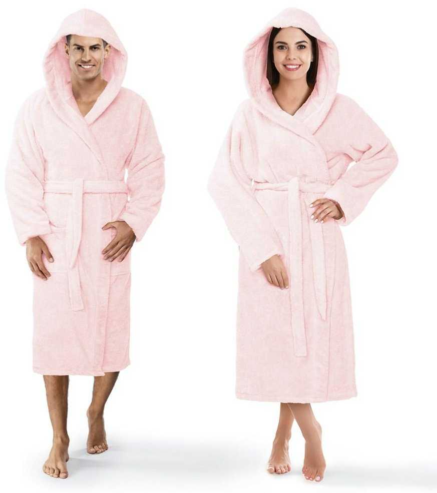 Medvilninis frotinis chalatas su gobtuvu, unisex viešbučio stiliaus, 450 g/m², kelių ilgio, pudros rožinė spalva, XXL dydis, vonios chalatas