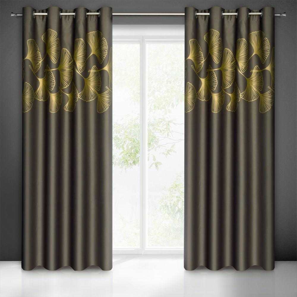 Eurofirany Naktinė blackout tipo temdanti užuolaida HARMONY su blizgiu ginkmedžio raštu, 140 X 250 cm, žiedai, spalva: ruda, auksinė