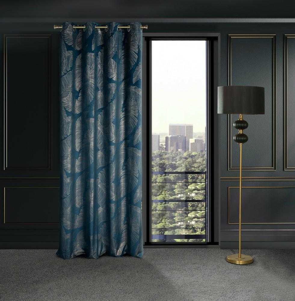 Eurofirany LIMITED COLLECTION MUSA2A Naktinė užuolaida iš minkšto aksomo su bananų lapų raštu, 140X250 cm, kilpos / žiedai, spalva: tamsiai mėlyna / šampano
