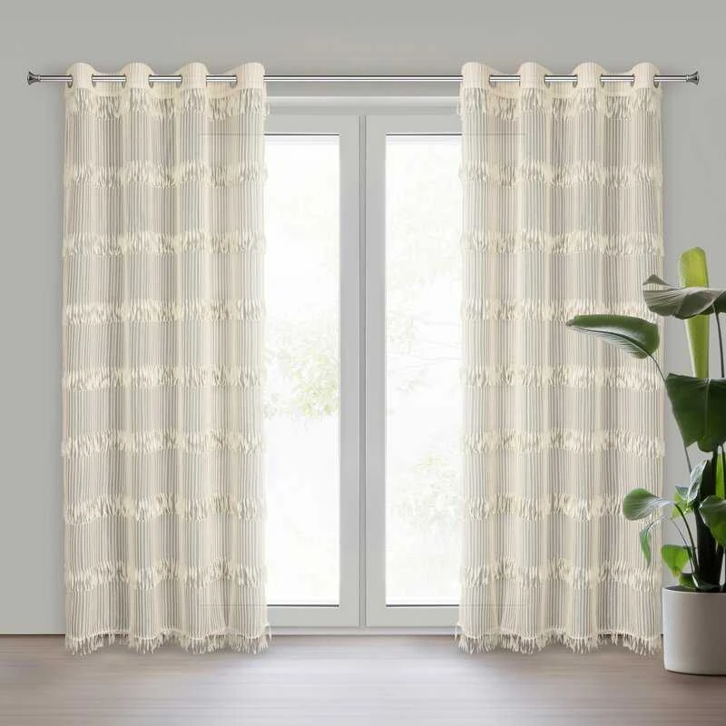 Eurofirany Sotera smėlio spalvos dryžuota užuolaida su kutais, 140x250 cm, kilpinė lango užuolaida svetainės ir miegamojo dekorui, moderni namų tekstilė