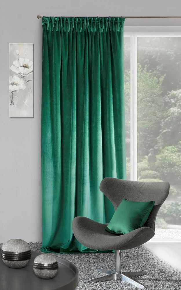 Naktinė užuolaida iš minkšto aksomo Eurofirany DIVA LINE RIA 140X270 cm, juosta/ tunelis/ kabliukai, 300 g/m2, spalva: tamsiai žalia