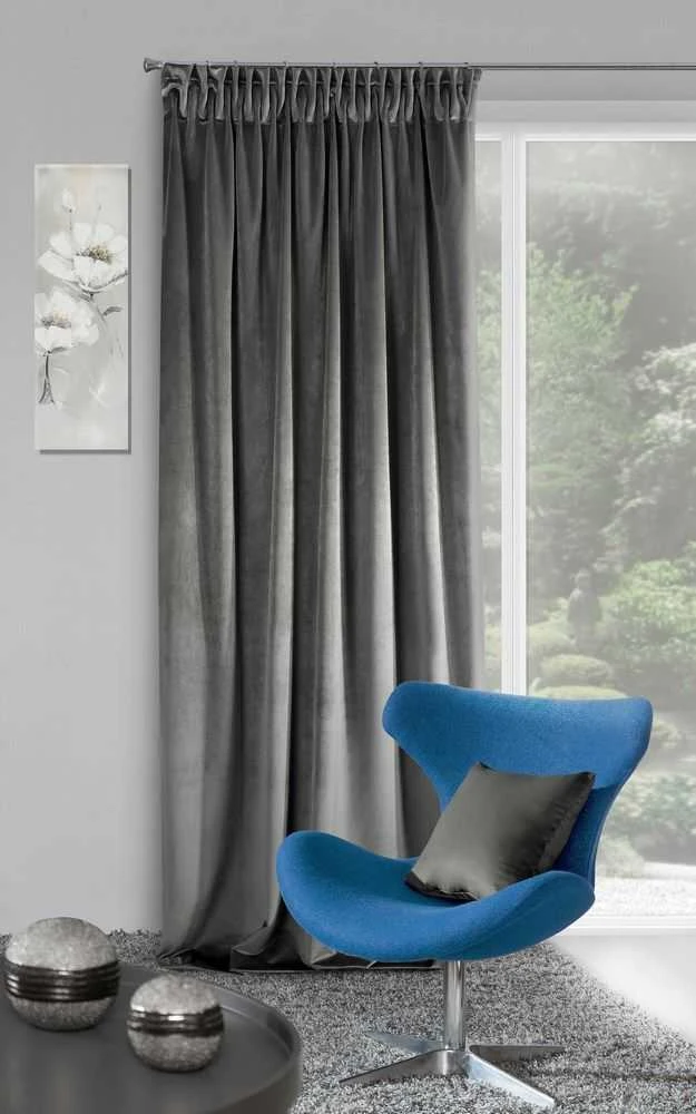 Naktinė užuolaida iš minkšto aksomo Eurofirany DIVA LINE RIA 140X270 cm, juosta/ tunelis/ kabliukai, 300 g/m2, spalva: grafitas
