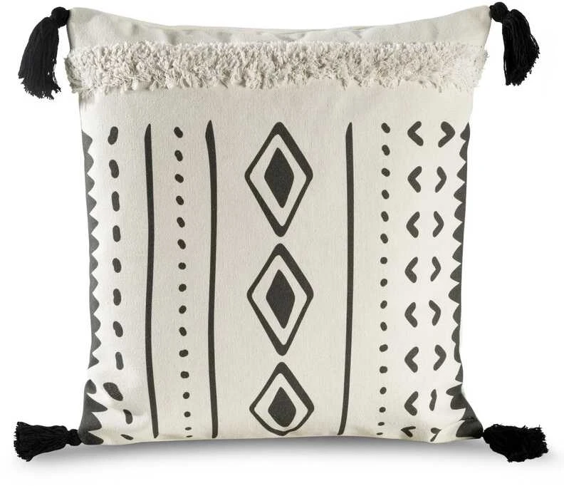 Boho pagalvėlė su juodais raštais ir kutais 45x45