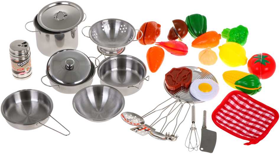 Ramiz Mega virtuvės rinkinys vaikams 3+ Metaliniai puodai + Virtuvės įrankiai + Maisto produktai 30 vnt.