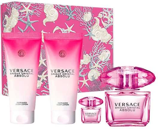 Versace Bright Crystal Absolu EDP rinkinys moterims (EDP, 90 ml + parfumuota dušo želė, 100 ml + EDP, 5 ml + parfumuotas kūno losjonas, 100 ml)