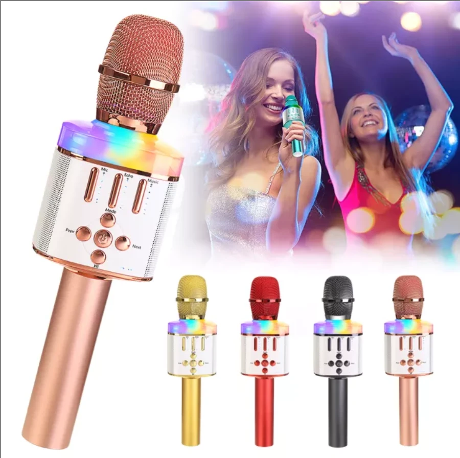Belaidis Bluetooth Karaoke mikrofonas Q136 Su šviesos efektais, Spalva: Juoda