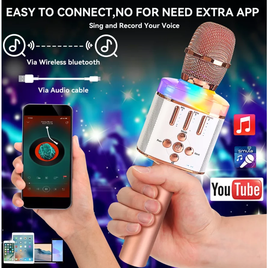 Belaidis Bluetooth Karaoke mikrofonas Q136 Su šviesos efektais, Spalva: Juoda