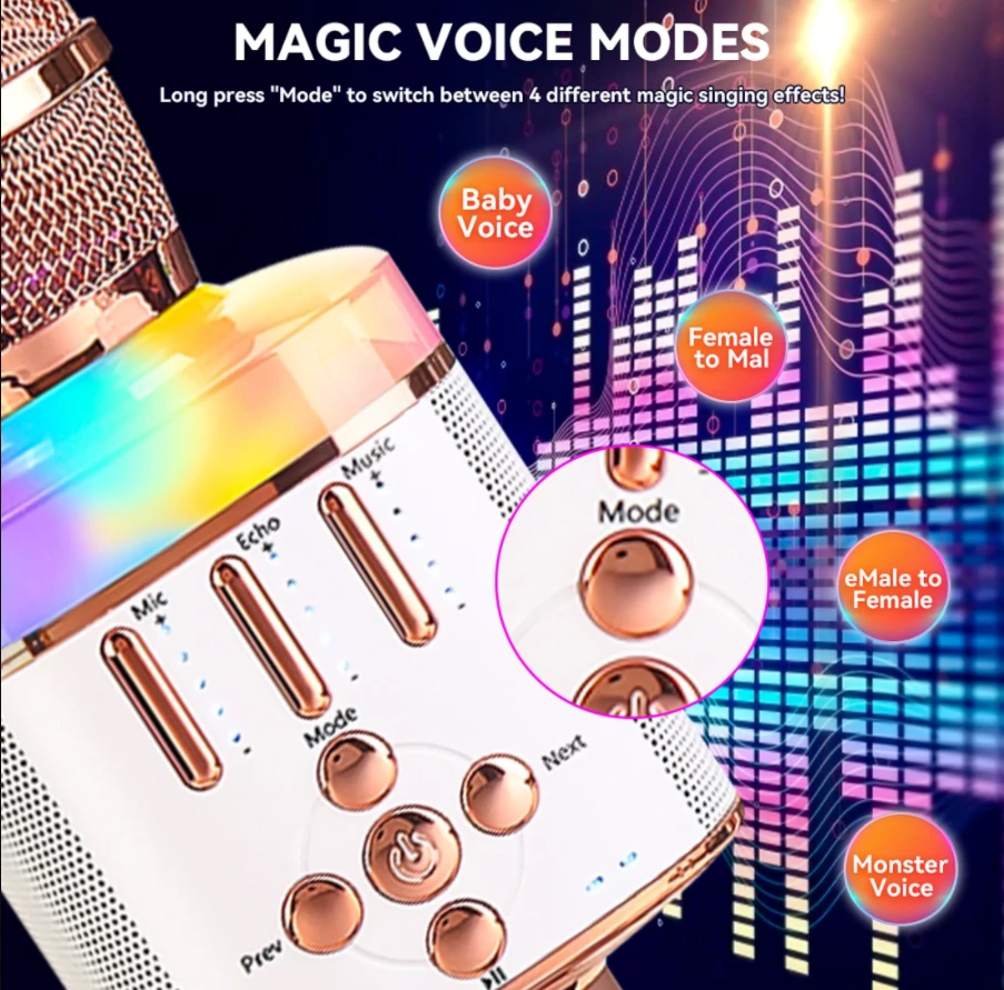 Belaidis Bluetooth Karaoke mikrofonas Q136 Su šviesos efektais, Spalva: Juoda