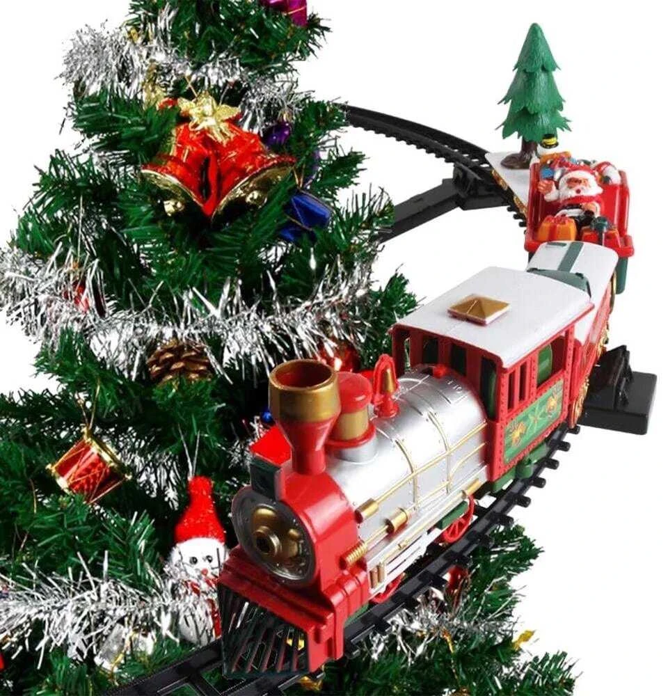 Kalėdinis traukinys ant eglutės su šviesomis ir Merry Christmas garsu