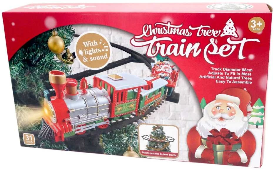 Kalėdinis traukinys ant eglutės su šviesomis ir Merry Christmas garsu
