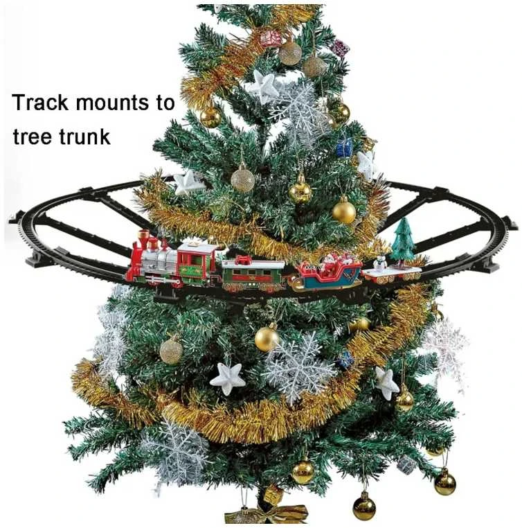 Kalėdinis traukinys ant eglutės su šviesomis ir Merry Christmas garsu