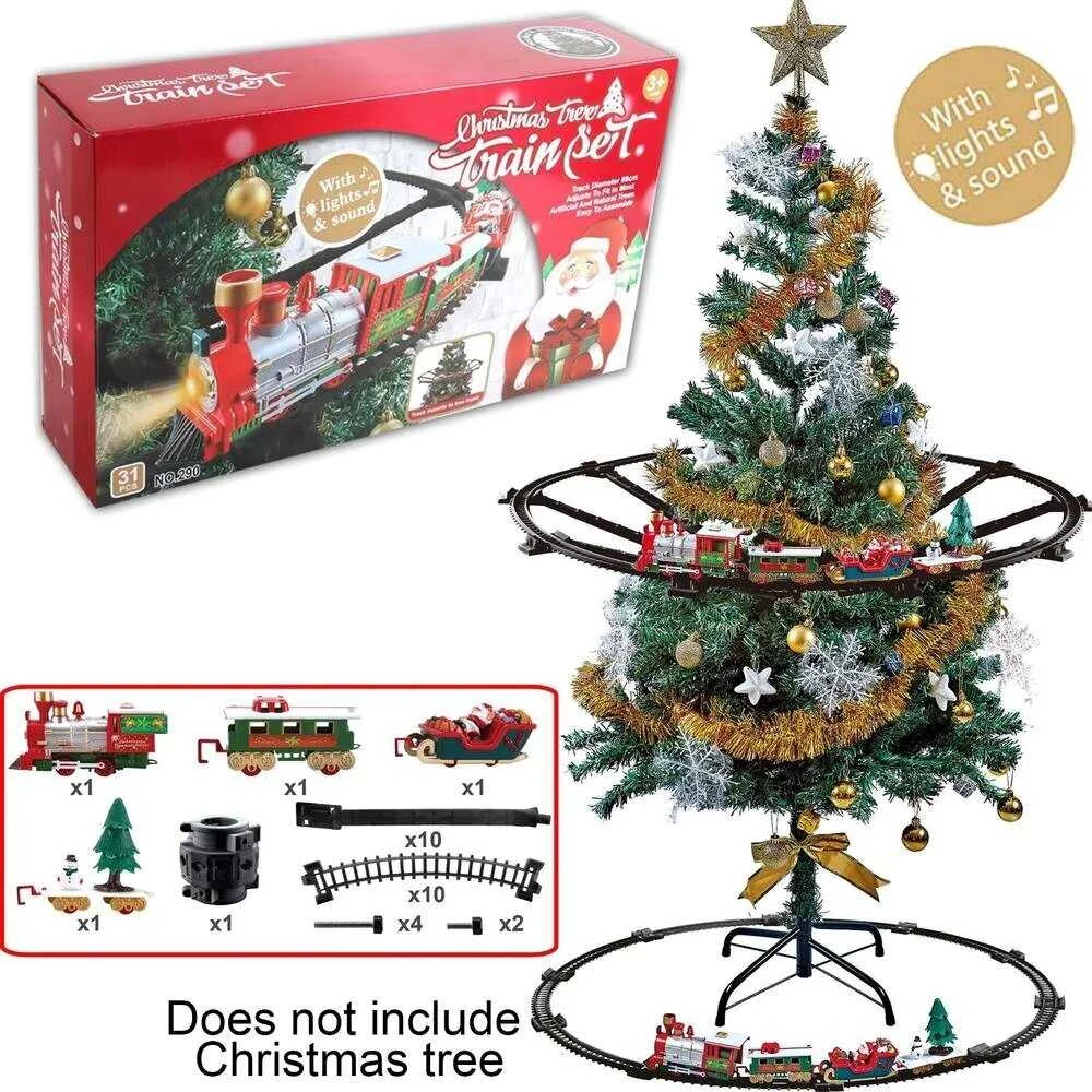 Kalėdinis traukinys ant eglutės su šviesomis ir Merry Christmas garsu