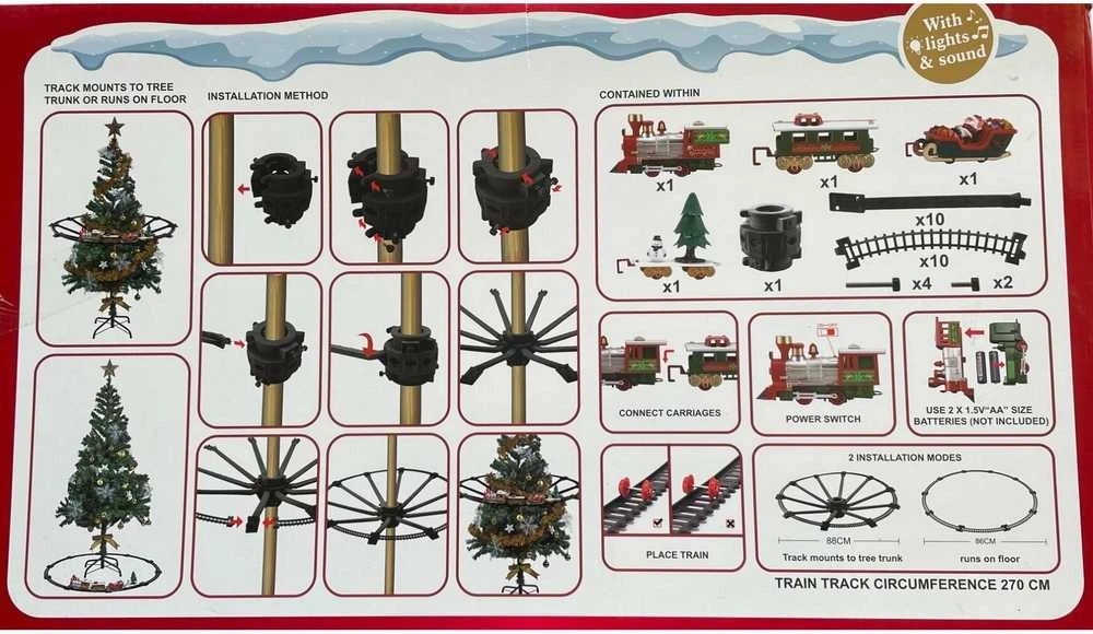 Kalėdinis traukinys ant eglutės su šviesomis ir Merry Christmas garsu
