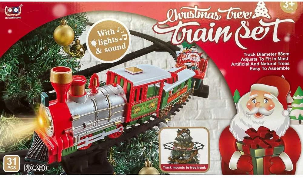 Kalėdinis traukinys ant eglutės su šviesomis ir Merry Christmas garsu