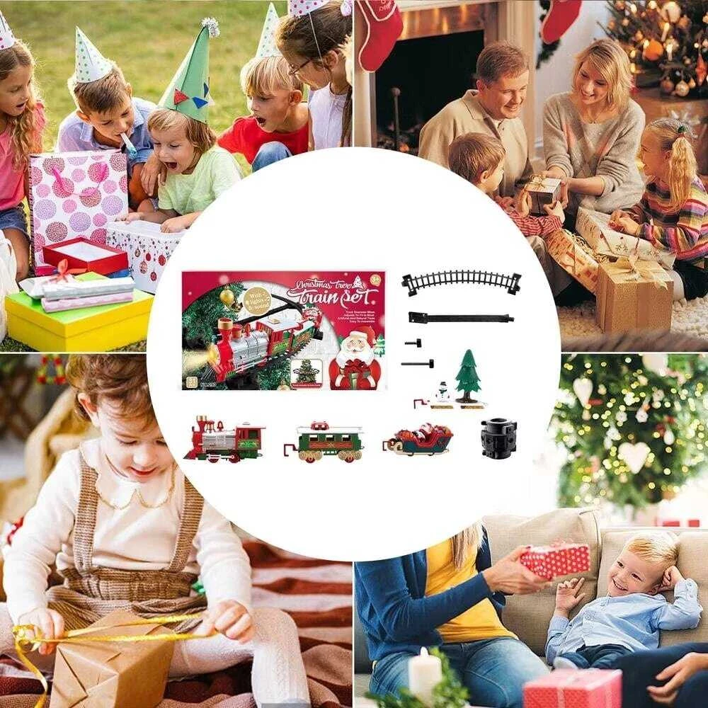 Kalėdinis traukinys ant eglutės su šviesomis ir Merry Christmas garsu