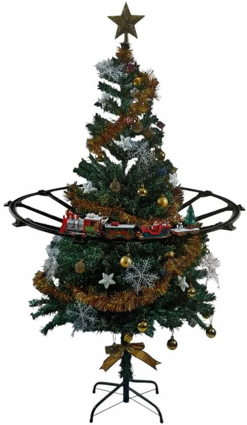 Kalėdinis traukinys ant eglutės su šviesomis ir Merry Christmas garsu