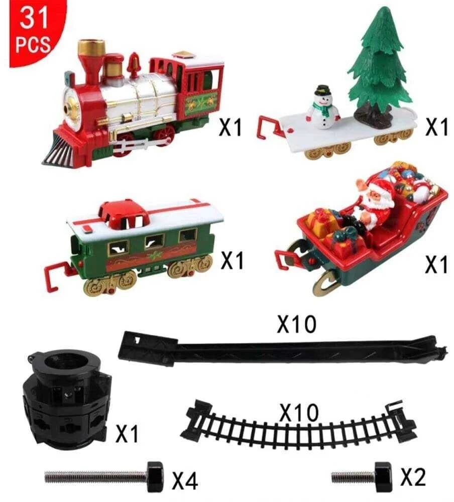 Kalėdinis traukinys ant eglutės su šviesomis ir Merry Christmas garsu