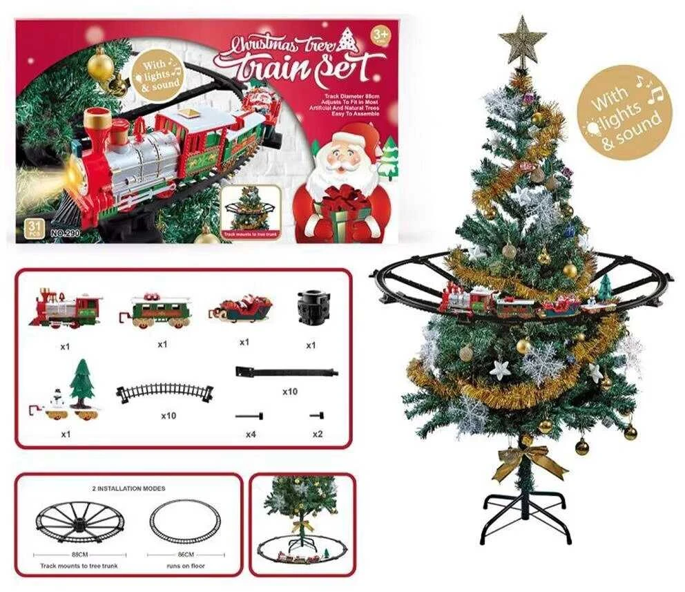 Kalėdinis traukinys ant eglutės su šviesomis ir Merry Christmas garsu