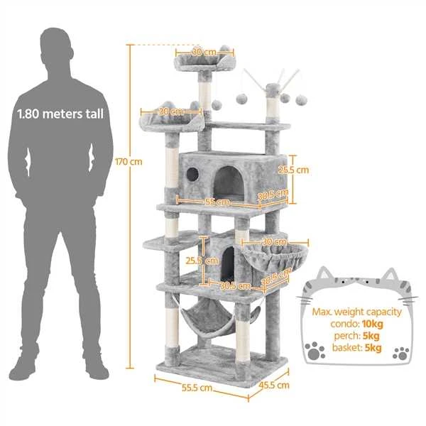 170 cm kačių bokštas su 2 nameliais, hamaku ir žaislais – šviesiai pilkas (Nemokamas pristatymas)