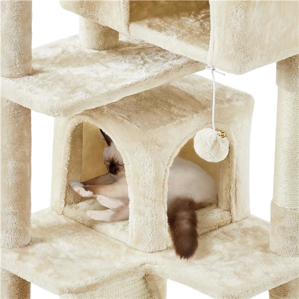 🐱 Daugiaaukštė kačių draskyklė 146 cm su nameliais – smėlio spalvos (Nemokamas pristatymas)