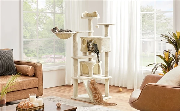 🐱 Daugiaaukštė kačių draskyklė 146 cm su nameliais – smėlio spalvos (Nemokamas pristatymas)