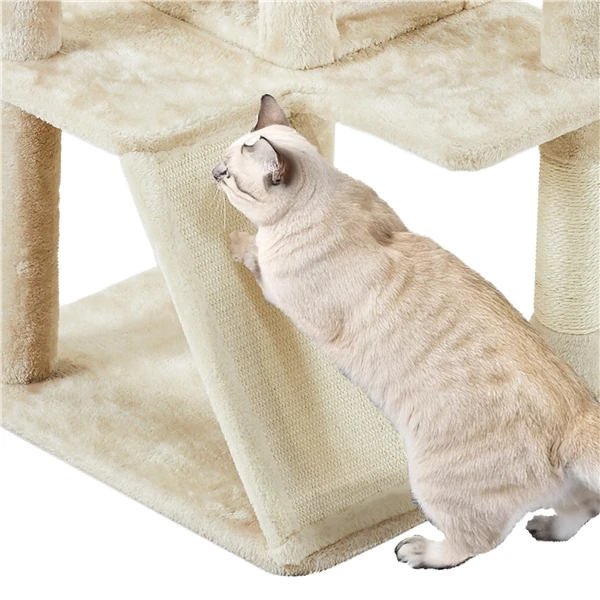 🐱 Daugiaaukštė kačių draskyklė 146 cm su nameliais – smėlio spalvos (Nemokamas pristatymas)