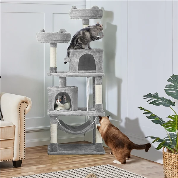 🐱 Didelė kačių draskyklė su hamaku – Šviesiai pilka 158 cm (Nemokamas pristatymas)