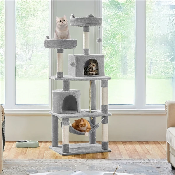 🐱 Didelė kačių draskyklė su hamaku – Šviesiai pilka 158 cm (Nemokamas pristatymas)