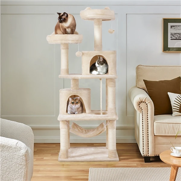 🐱 Didelė kačių draskyklė su hamaku – smėlio spalvos 158 cm (Nemokamas pristatymas)