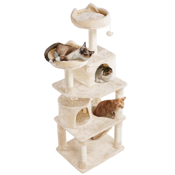 🐱 Didelė kačių draskyklė su hamaku – smėlio spalvos 158 cm (Nemokamas pristatymas)