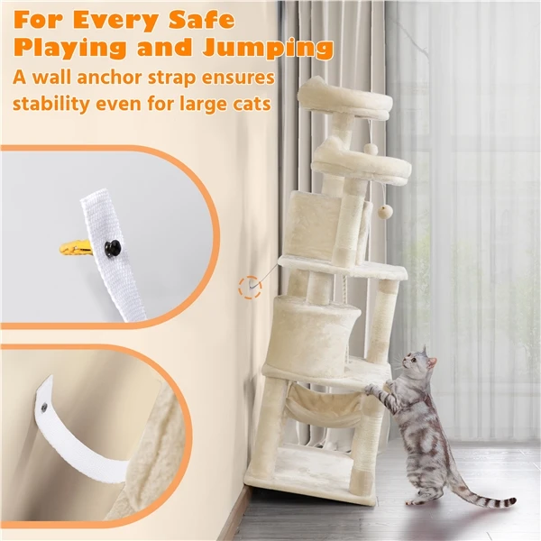 🐱 Didelė kačių draskyklė su hamaku – smėlio spalvos 158 cm (Nemokamas pristatymas)