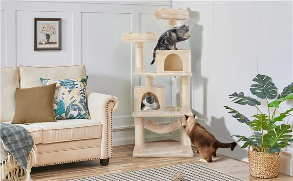 🐱 Didelė kačių draskyklė su hamaku – smėlio spalvos 158 cm (Nemokamas pristatymas)