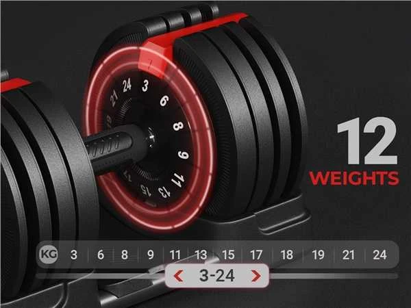 Reguliuojamas hantelis 12 svorių viename –nuo 3 – iki 24 kg (Nemokamas pristatymas)