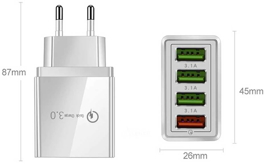 Modux Sieninis įkroviklis Quick Charge 3.0 4x USB