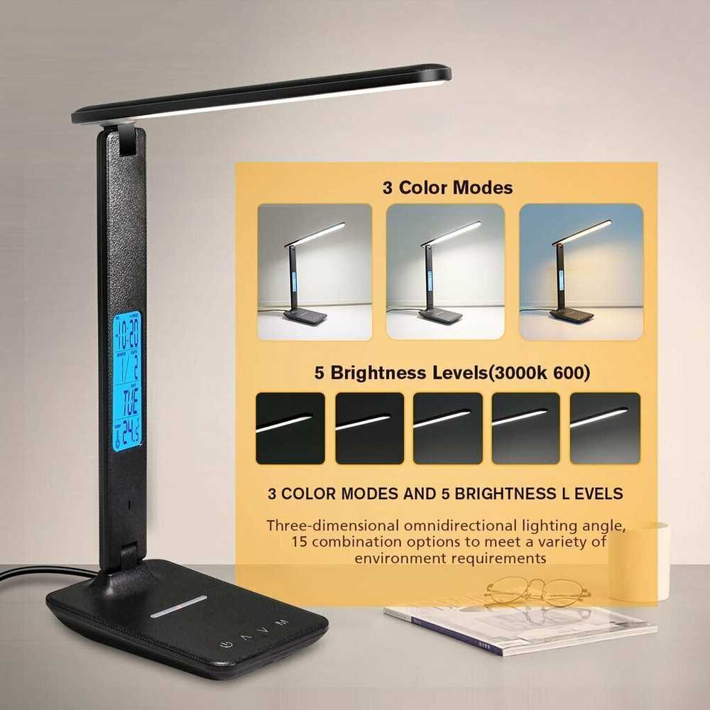 Modux Stalinis LED Šviestuvas Su Qi Belaidžiu Įkrovimu, Termometru, Laikrodžiu