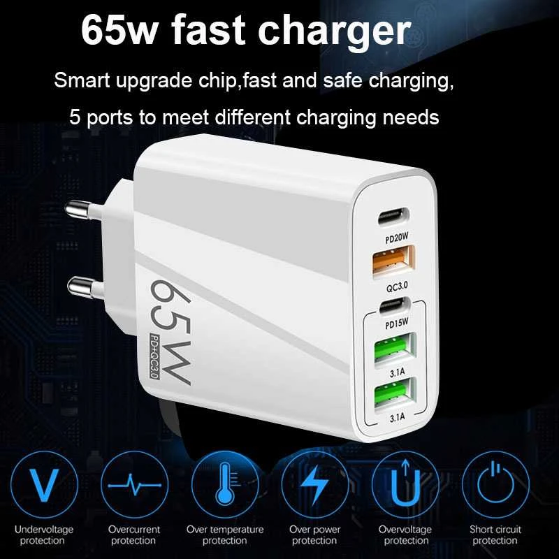 Avernus Greitasis sienins USB įkroviklis 5in1 2 x USB-C, 3 x USB, 65W