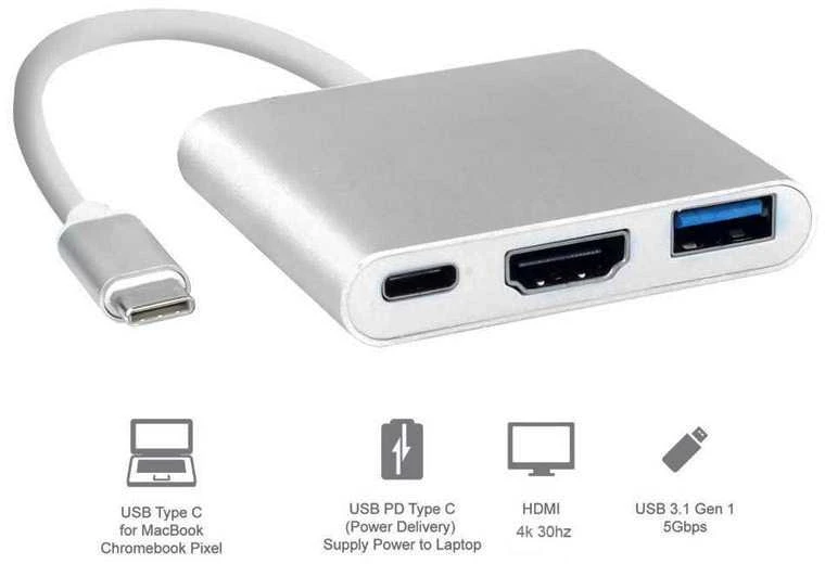 Avernus USB Šakotuvas Hub 3in1 Type-C / USB3.0 / HDMI 4k / PD