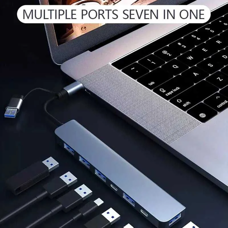 Avernus USB Šakotuvas Hub 7in1 USB A / USB C į USB 3.0 / 4 x USB 2.0 / USB C DC x 2