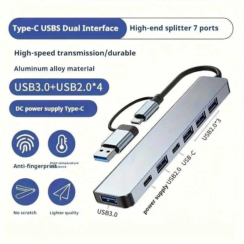 Avernus USB Šakotuvas Hub 7in1 USB A / USB C į USB 3.0 / 4 x USB 2.0 / USB C DC x 2