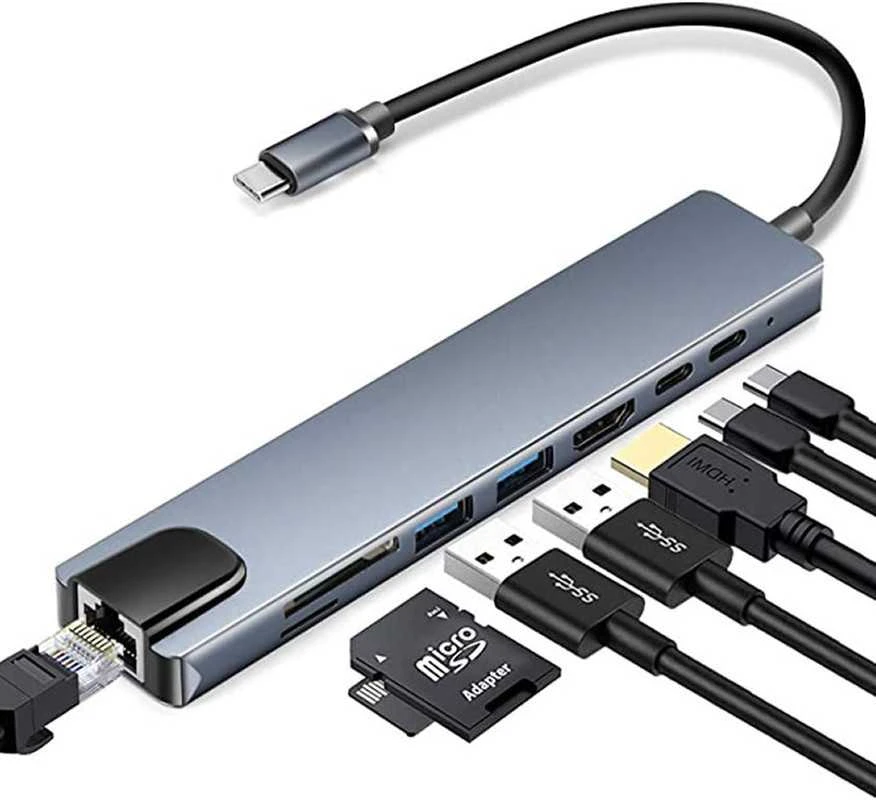 Avernus USB Šakotuvas Hub 8in1 USB C x2 / USB 3.0 x2 / RJ45 / HDMI / SD card reader / TF