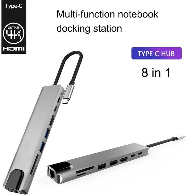 Avernus USB Šakotuvas Hub 8in1 USB C x2 / USB 3.0 x2 / RJ45 / HDMI / SD card reader / TF