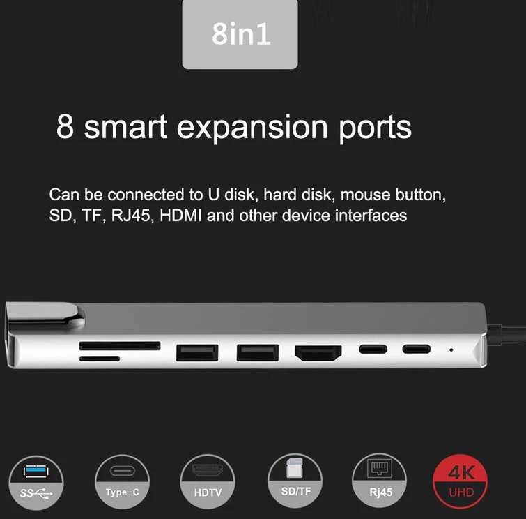 Avernus USB Šakotuvas Hub 8in1 USB C x2 / USB 3.0 x2 / RJ45 / HDMI / SD card reader / TF