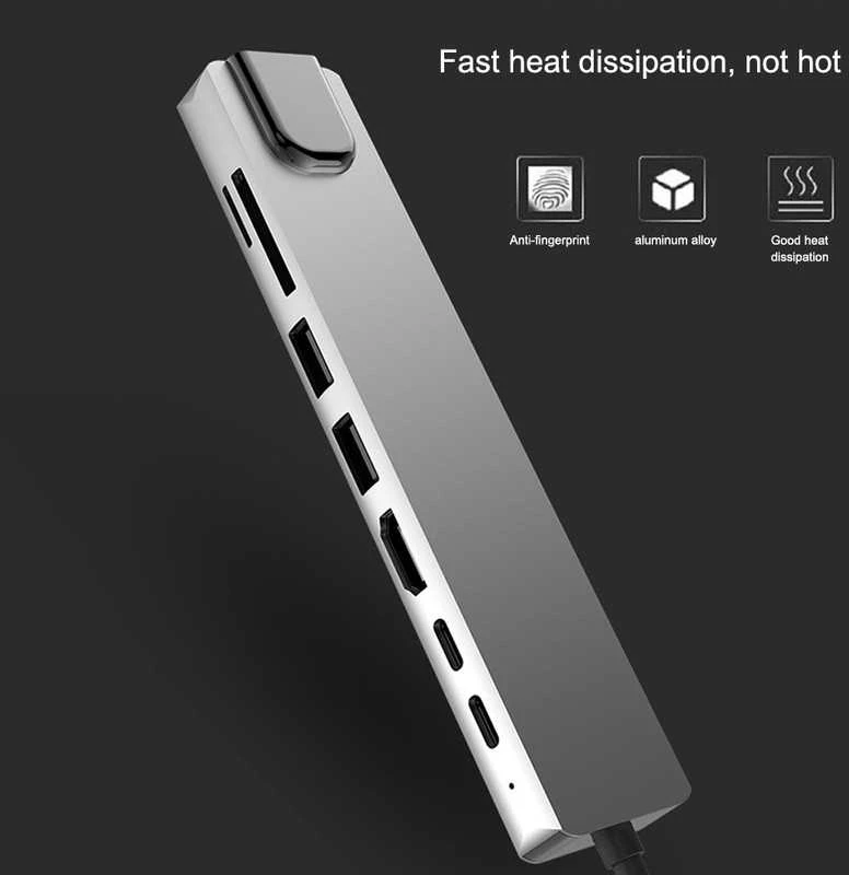 Avernus USB Šakotuvas Hub 8in1 USB C x2 / USB 3.0 x2 / RJ45 / HDMI / SD card reader / TF