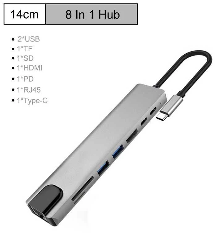 Avernus USB Šakotuvas Hub 8in1 USB C x2 / USB 3.0 x2 / RJ45 / HDMI / SD card reader / TF