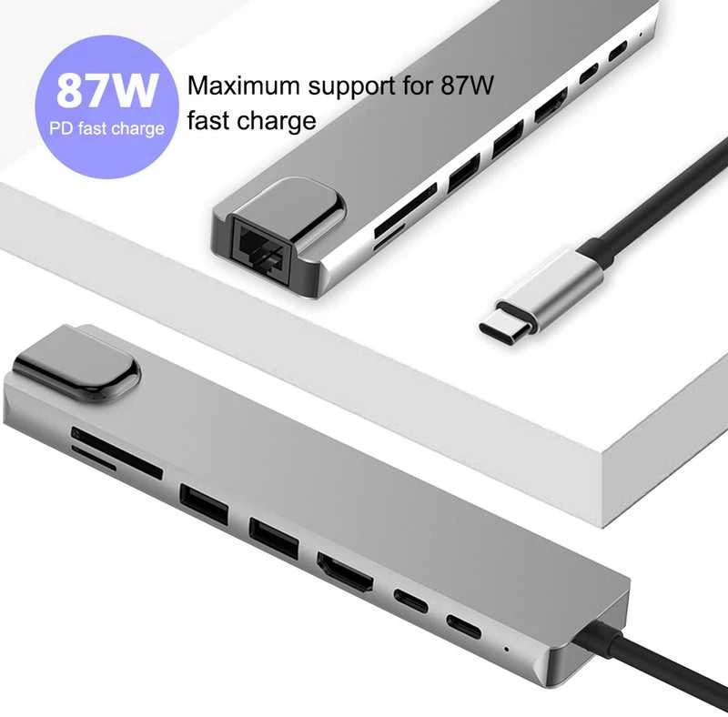 Avernus USB Šakotuvas Hub 8in1 USB C x2 / USB 3.0 x2 / RJ45 / HDMI / SD card reader / TF