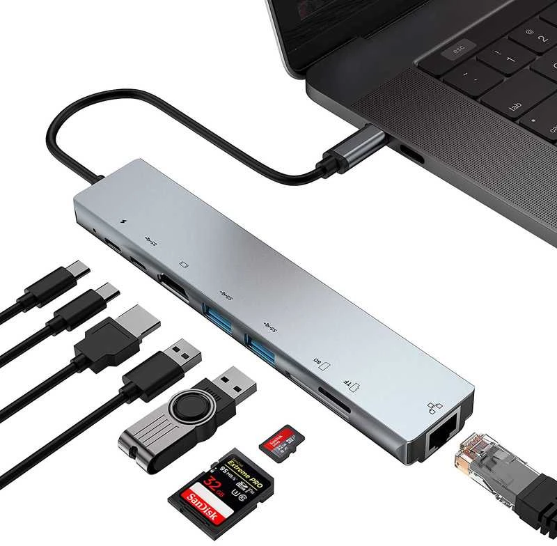 Avernus USB Šakotuvas Hub 8in1 USB C x2 / USB 3.0 x2 / RJ45 / HDMI / SD card reader / TF