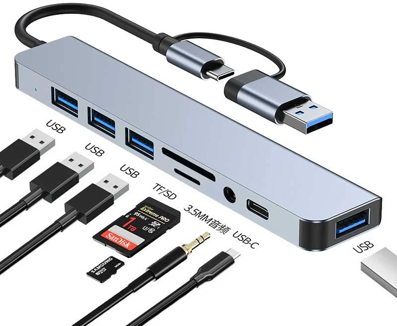 USB Šakotuvas Hub 8in1 USB-C/A to USB 3.0 / USB 2.0 / SD / TF / USB-C / Audio, Avernus