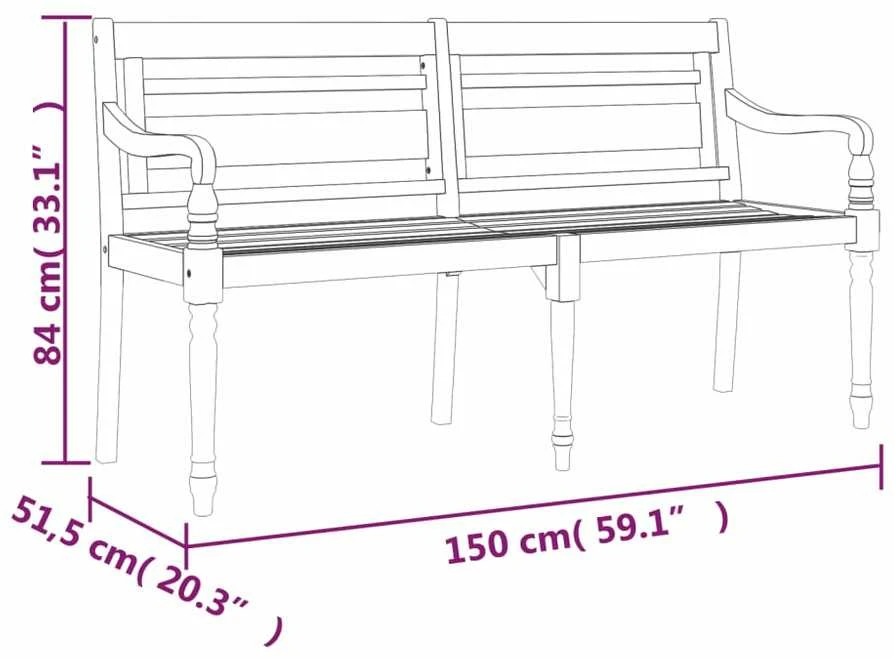 Batavia suoliukas su pilka pagalvėle, 150cm, tikmedžio mediena
