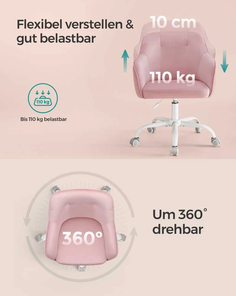 Songmics Biuro kėdė iki 110 kg pastelinės rožinės spalvos