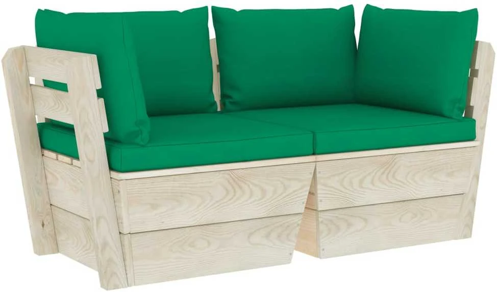 Lauko baldų komplektas Dvivietė sodo sofa iš palečių su pagalvėlėmis, eglės mediena